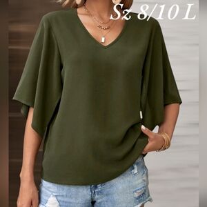 Elegant Olive Green V-Neck Women's Top